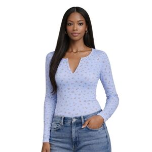 Intimately Free People Billie Layering Top‎ Blue Floral Long Sleeve V Neck Large